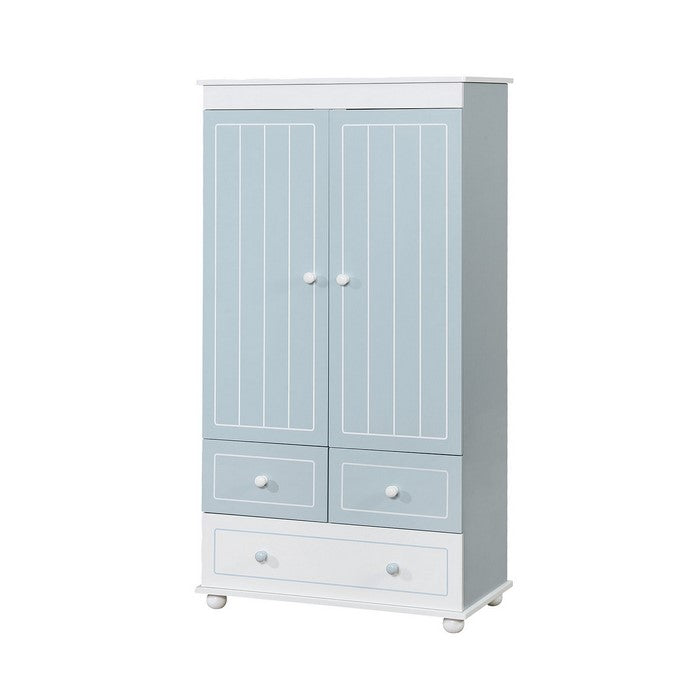 Wooden Armoire With Three Bottom Drawers In Blue And White