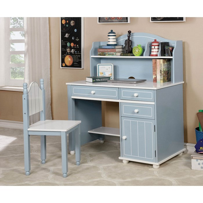 Contemporary Style Wooden Chair With Camel Back, Blue And White