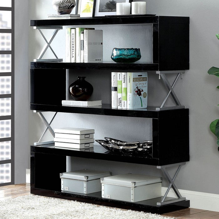 S-Shaped 5 Layer Wooden Shelf In Glossy Black
