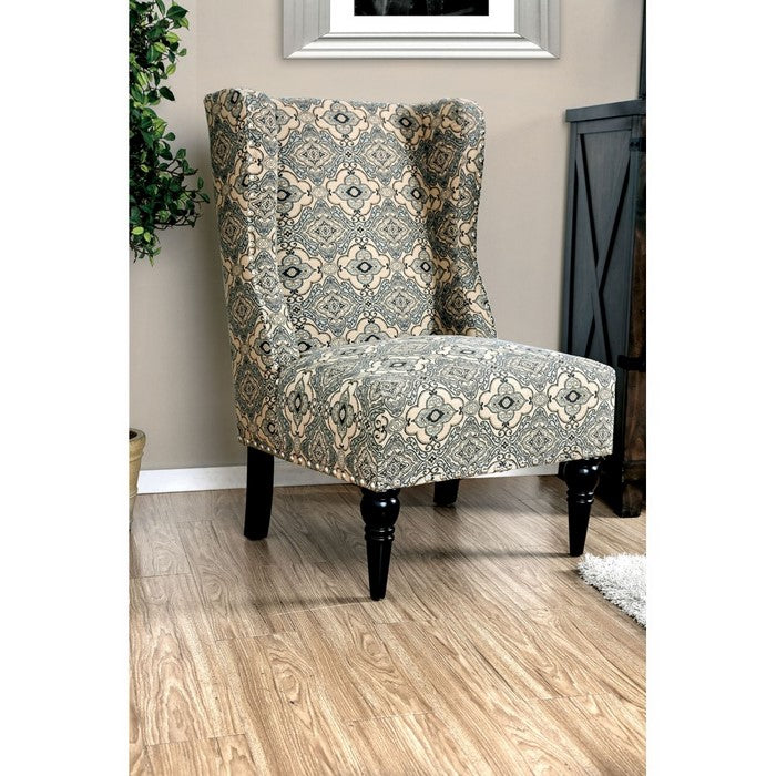 Patterned Fabric Upholstered Accent Chair With Wingback Design, Beige And Blue