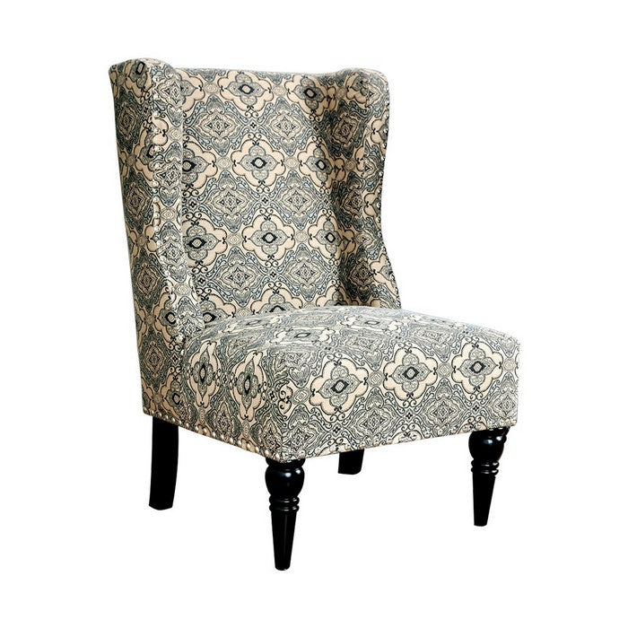Patterned Fabric Upholstered Accent Chair With Wingback Design, Beige And Blue
