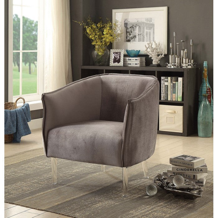 Welted Trim Fabric Upholstered Accent Chair With Acrylic Legs, Gray
