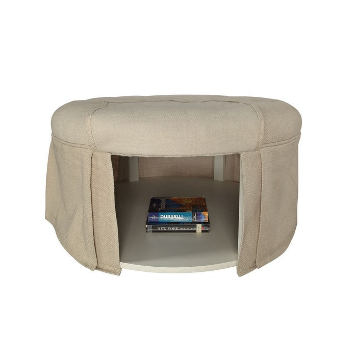 Button Tufted Fabric Upholstered Ottoman With Open Bottom Shelf, Beige