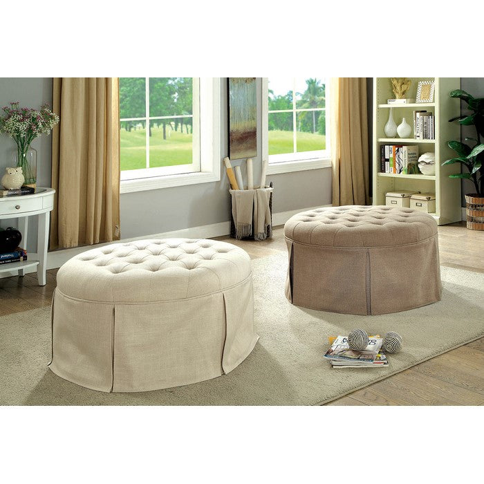 Button Tufted Fabric Upholstered Ottoman With Open Bottom Shelf, Brown