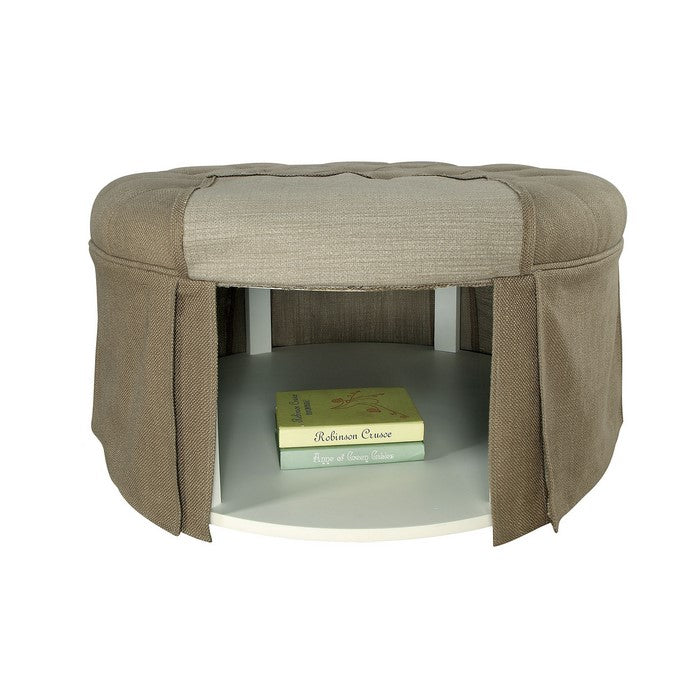 Button Tufted Fabric Upholstered Ottoman With Open Bottom Shelf, Brown