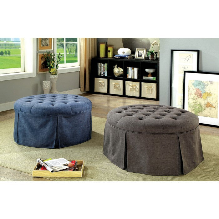 Button Tufted Fabric Upholstered Ottoman With Open Bottom Shelf, Gray