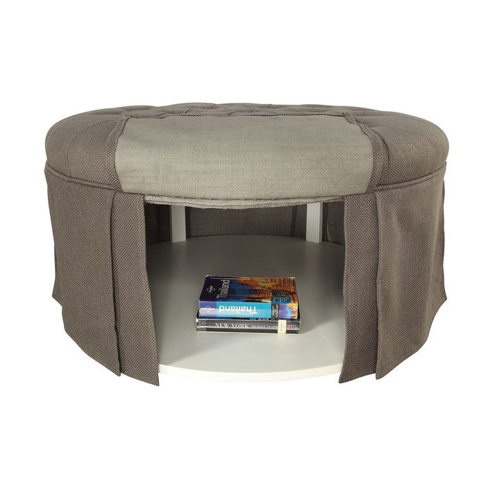 Button Tufted Fabric Upholstered Ottoman With Open Bottom Shelf, Gray