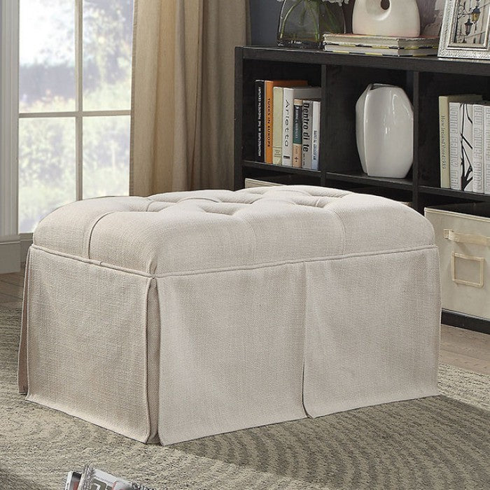 Rectangular Button Tufted Fabric Upholstered Bench With Storage, Beige
