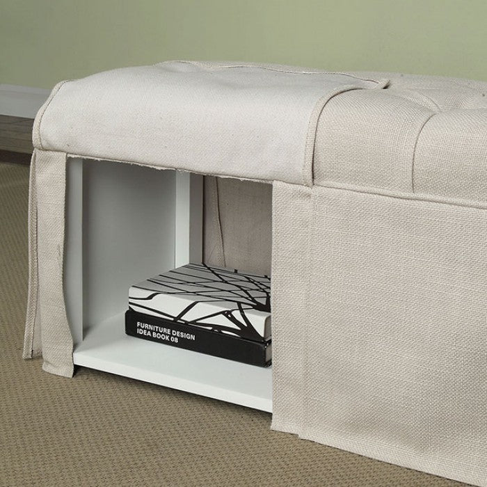 Rectangular Button Tufted Fabric Upholstered Bench With Storage, Beige