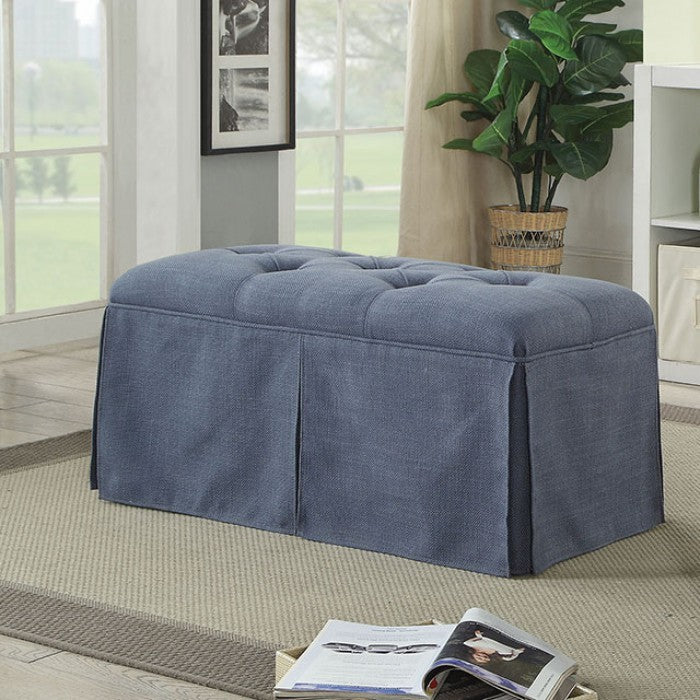 Rectangular Button Tufted Fabric Upholstered Bench With Storage, Blue