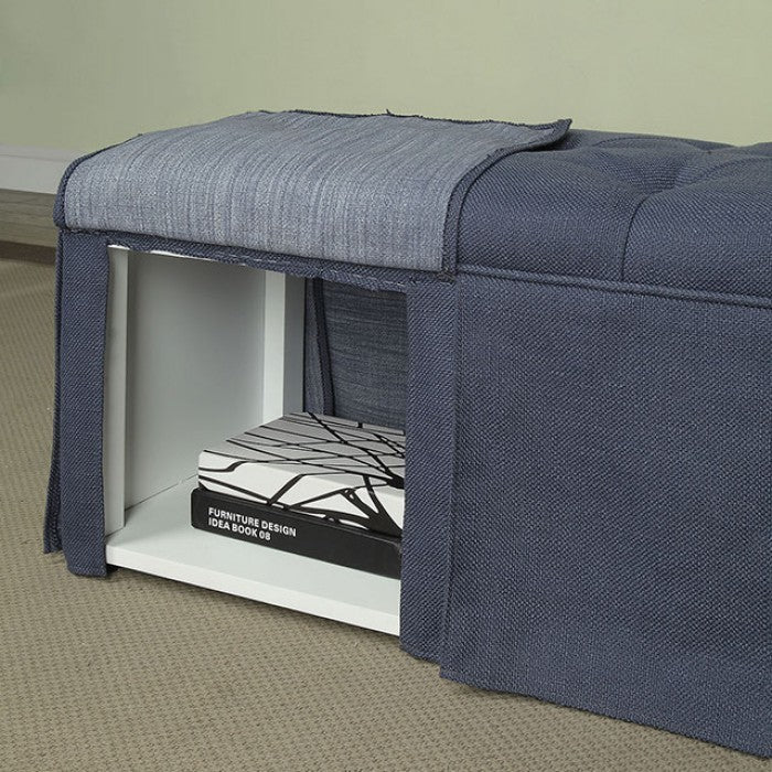 Rectangular Button Tufted Fabric Upholstered Bench With Storage, Blue