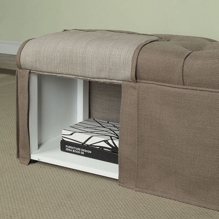 Rectangular Button Tufted Fabric Upholstered Bench With Storage, Brown