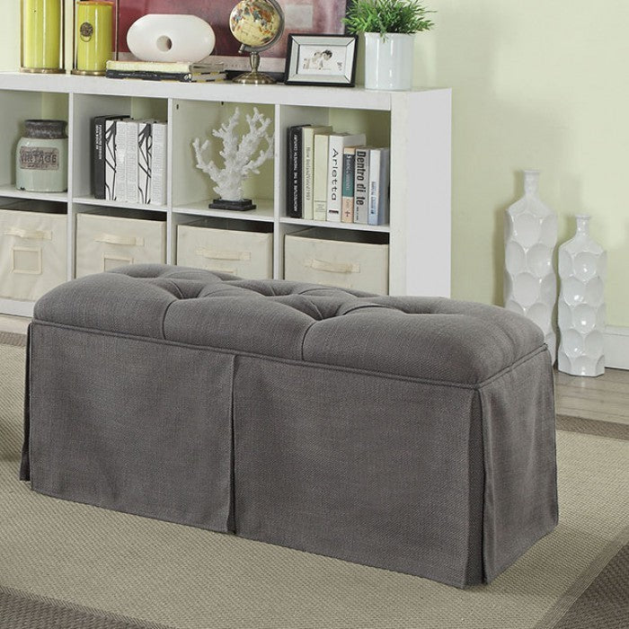 Rectangular Button Tufted Fabric Upholstered Bench With Storage, Gray