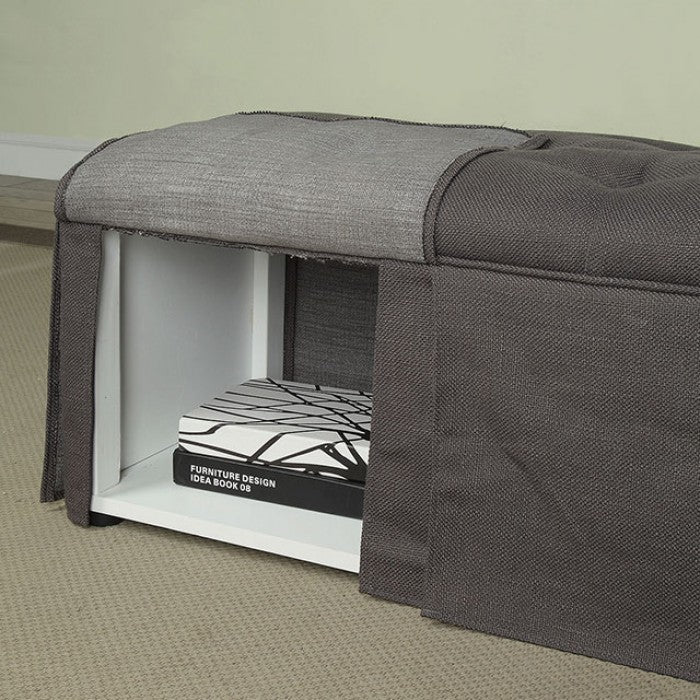 Rectangular Button Tufted Fabric Upholstered Bench With Storage, Gray
