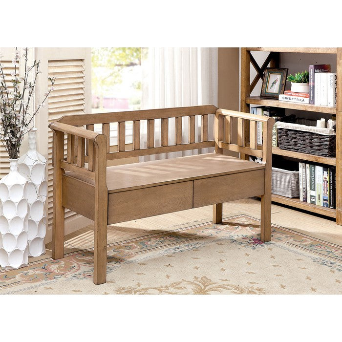 Slatted Pattern Wooden Bench With 2 Under Seat Drawers In Natural Brown