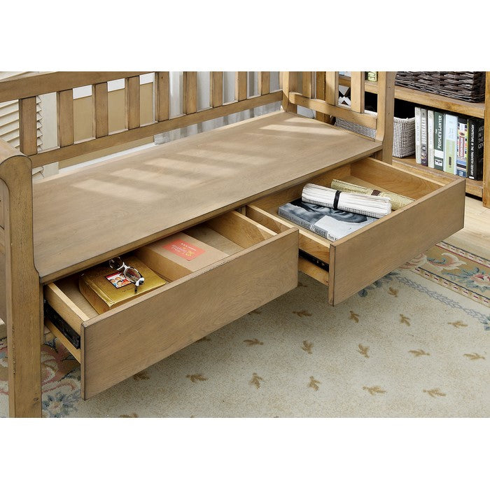 Slatted Pattern Wooden Bench With 2 Under Seat Drawers In Natural Brown