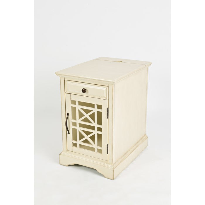 Wooden Chairside Table with Power Outlets, Antique Cream