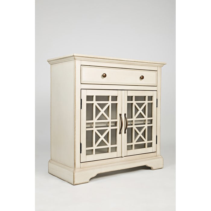 Craftman Series 32 Inch Wooden Accent Cabinet with Fretwork Glass Front, Cream