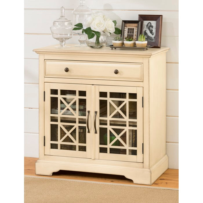 Craftman Series 32 Inch Wooden Accent Cabinet with Fretwork Glass Front, Cream