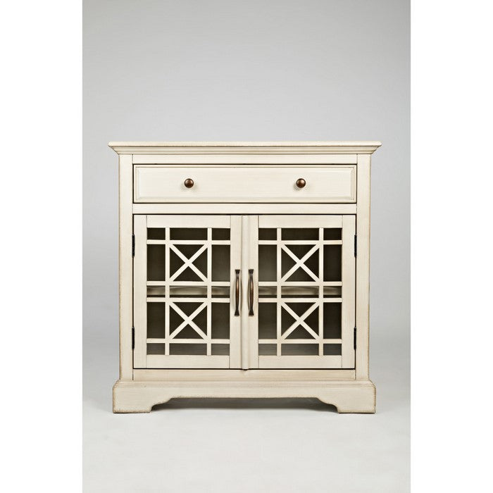 Craftman Series 32 Inch Wooden Accent Cabinet with Fretwork Glass Front, Cream