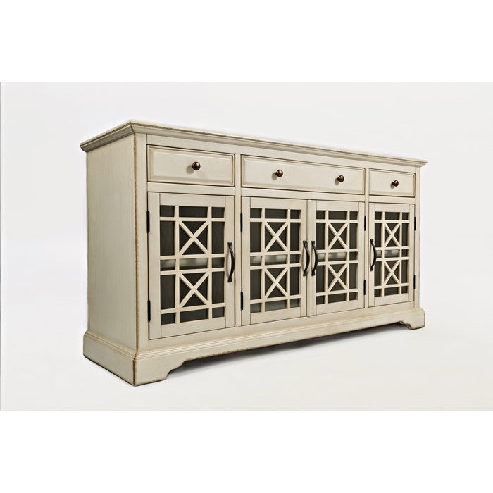 Craftman Series Wooden Media Unit With Fretwork Glass Door Cabinet, Antique Cream