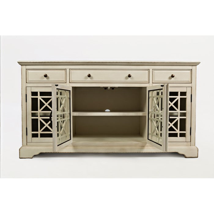 Craftman Series Wooden Media Unit With Fretwork Glass Door Cabinet, Antique Cream