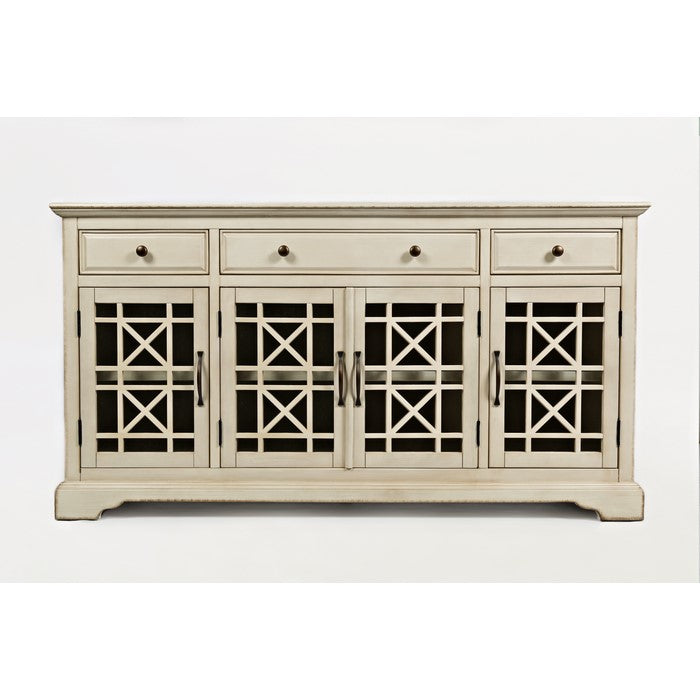 Craftman Series Wooden Media Unit With Fretwork Glass Door Cabinet, Antique Cream