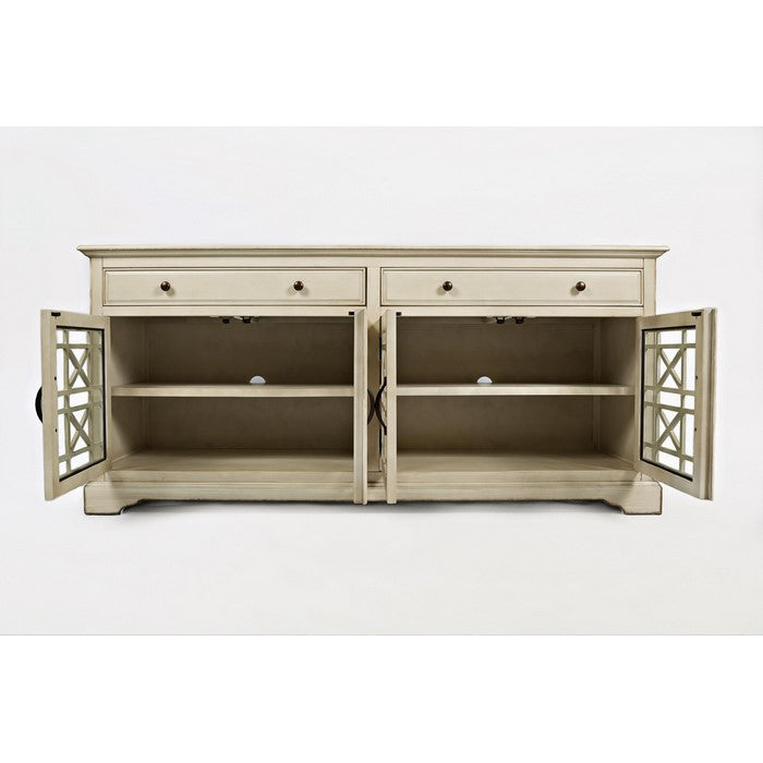 Craftman Series 70 Inch Media Unit with Fretwork Glass Front, Antique Cream