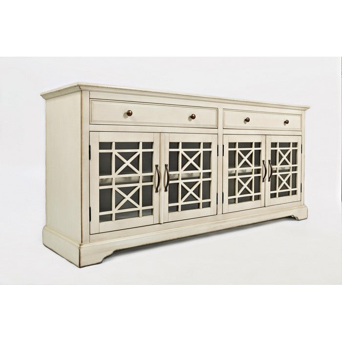 Craftman Series 70 Inch Media Unit with Fretwork Glass Front, Antique Cream