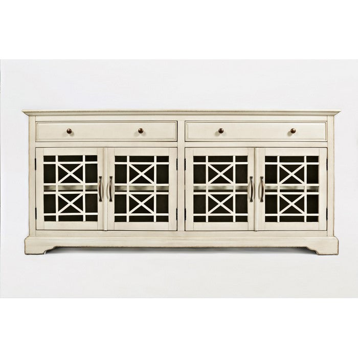 Craftman Series 70 Inch Media Unit with Fretwork Glass Front, Antique Cream