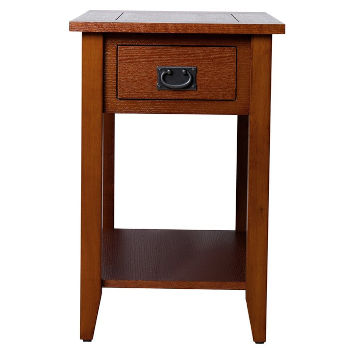 Transitional Wooden Chair Side End Table with Drawer and Open Shelf, Brown