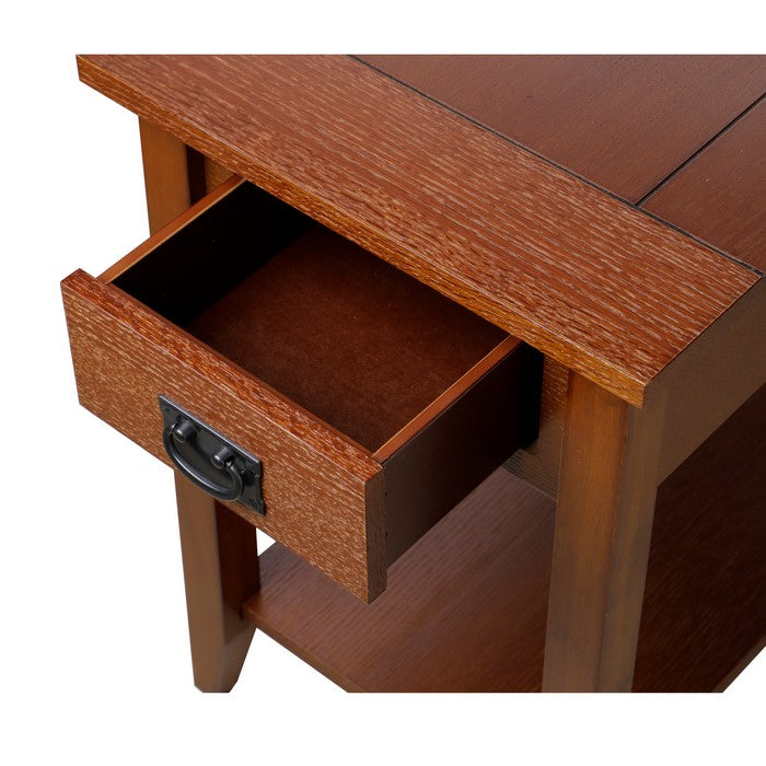 Transitional Wooden Chair Side End Table with Drawer and Open Shelf, Brown