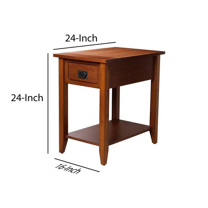 Transitional Wooden Chair Side End Table with Drawer and Open Shelf, Brown