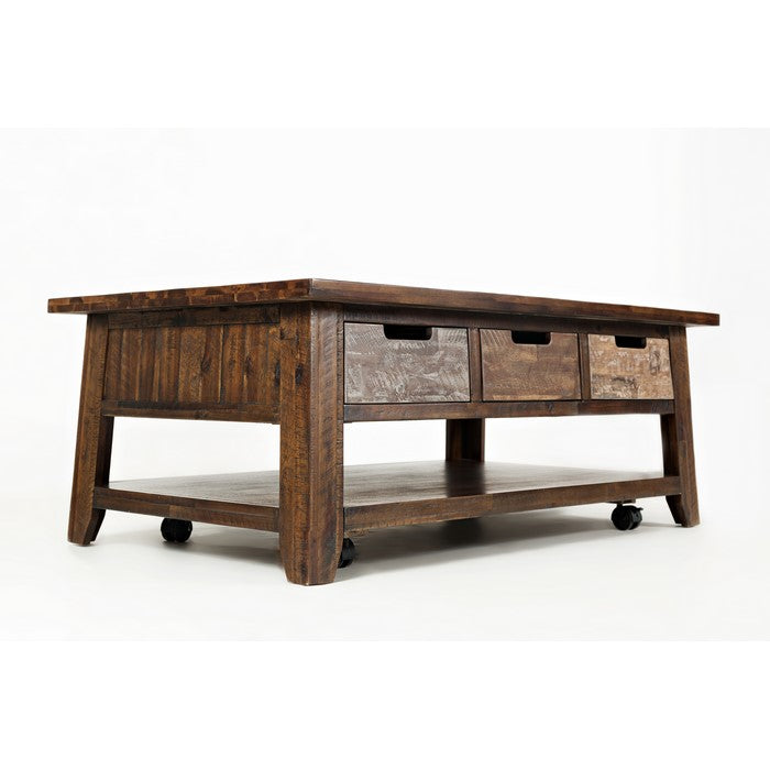 Wooden Cocktail Table With 3 Cutout Handle Drawers, Brown