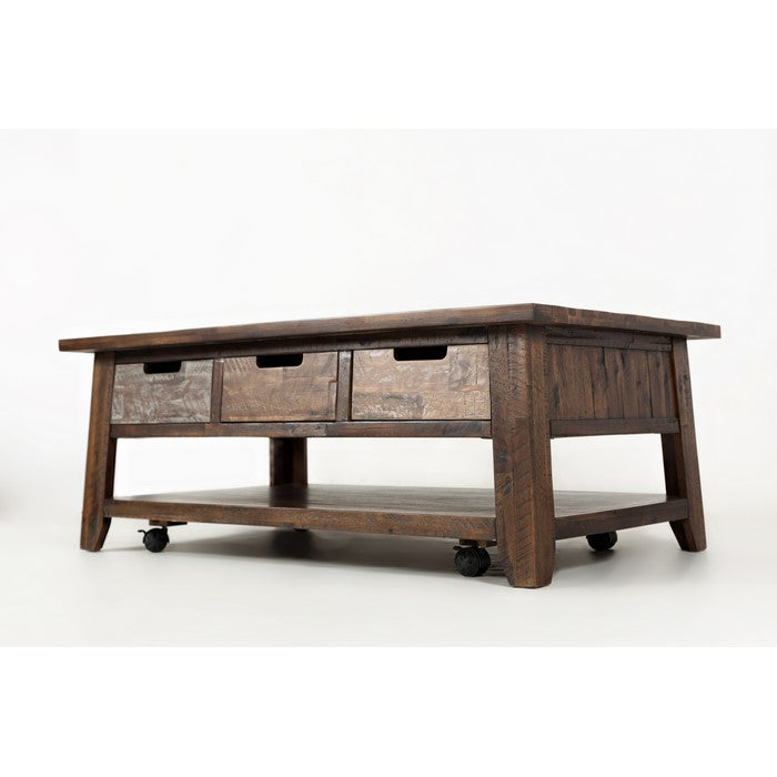 Wooden Cocktail Table With 3 Cutout Handle Drawers, Brown