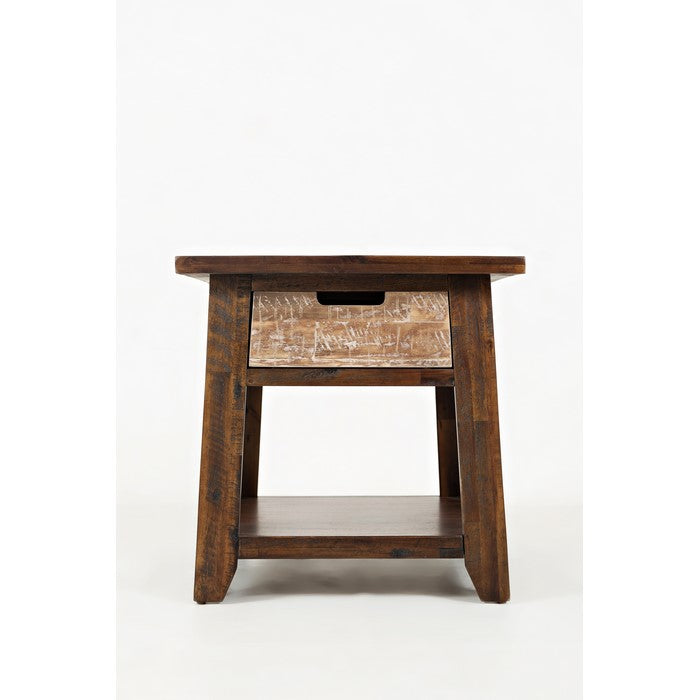 Bottom Shelf Wooden End Table With Cut out Handle Drawer, Brown