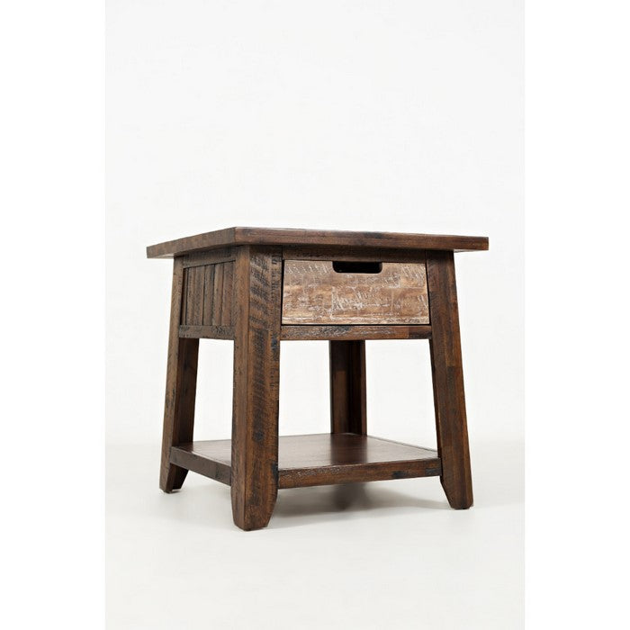 Bottom Shelf Wooden End Table With Cut out Handle Drawer, Brown