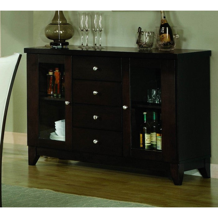Wooden Server With Four Drawers And Two Glass Doors, Espresso Brown