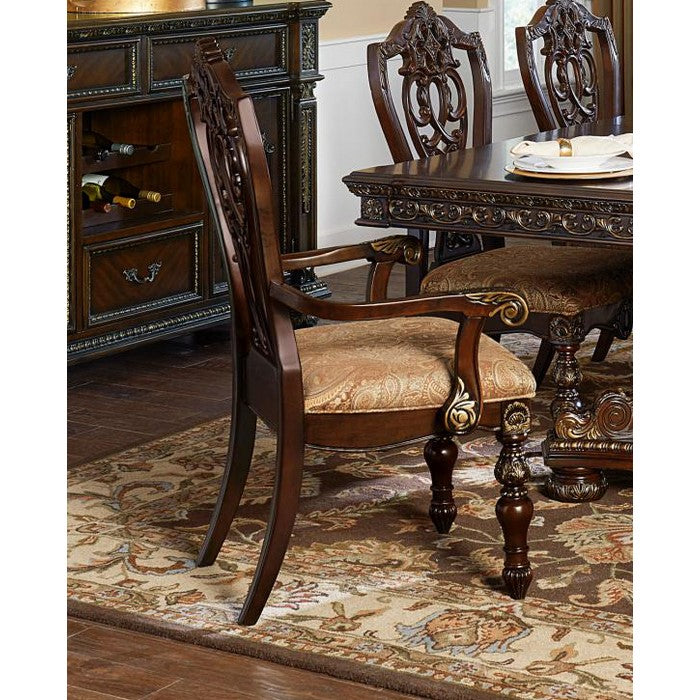 Fabric Upholstered Wooden Arm Chair With Intricate Back, Set of 2 , Cherry Brown