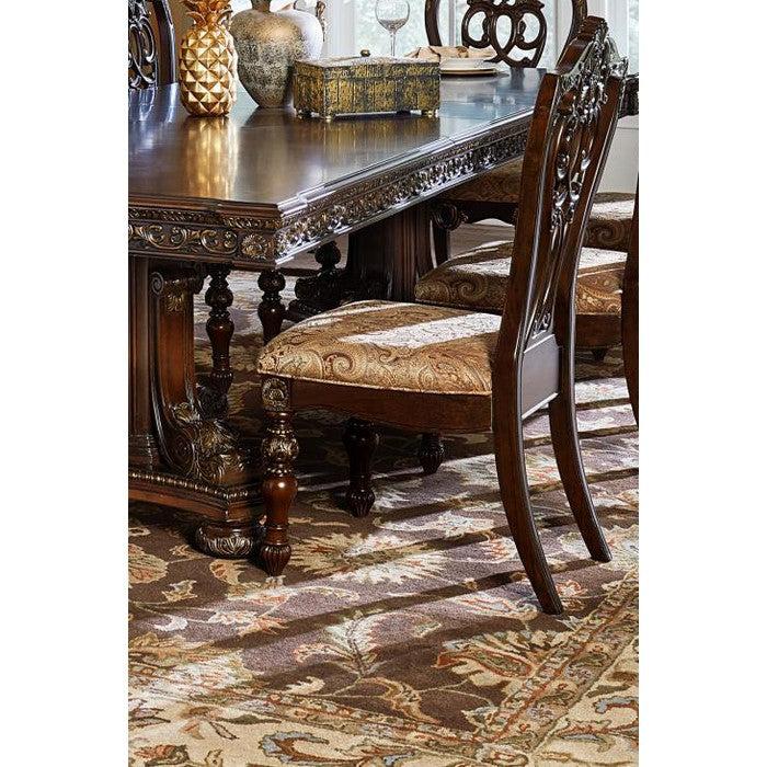 Fabric Upholstered Wooden Side Chair With Intricate Back, Set of 2 , Cherry Brown