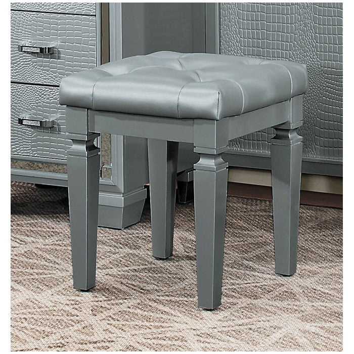 Wooden Vanity Stool With Faux Leather Tufted Seat, Gray