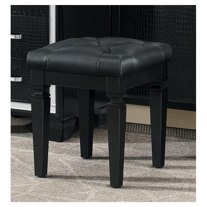 Wooden Vanity Stool With Faux Leather Tufted Seat, Black