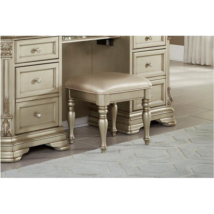 Faux Leather Upholstered Wooden Vanity Stool, Champagne Gold