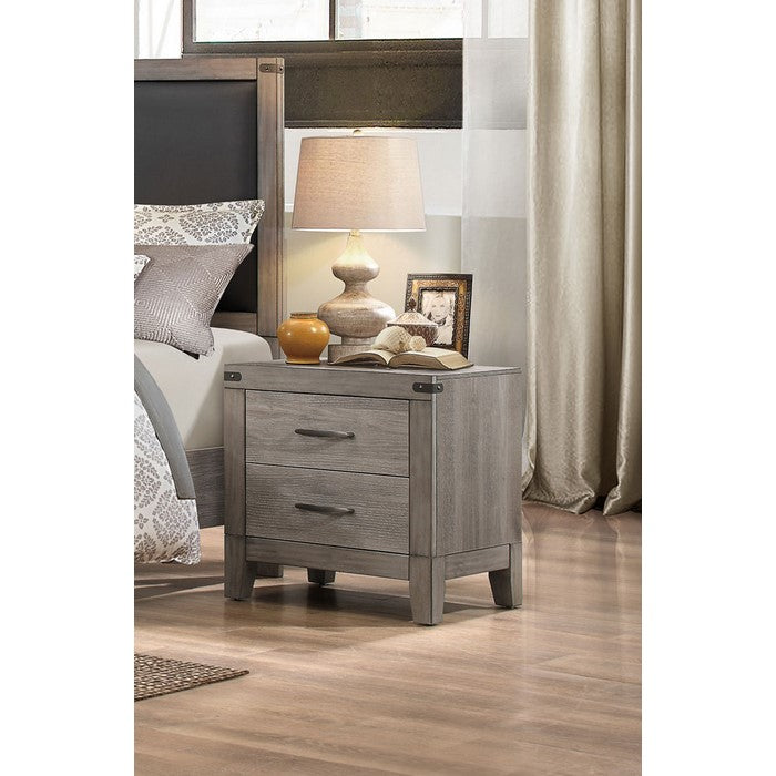 2 Drawer Wooden Night Stand With Metal Handle, Weathered Gray