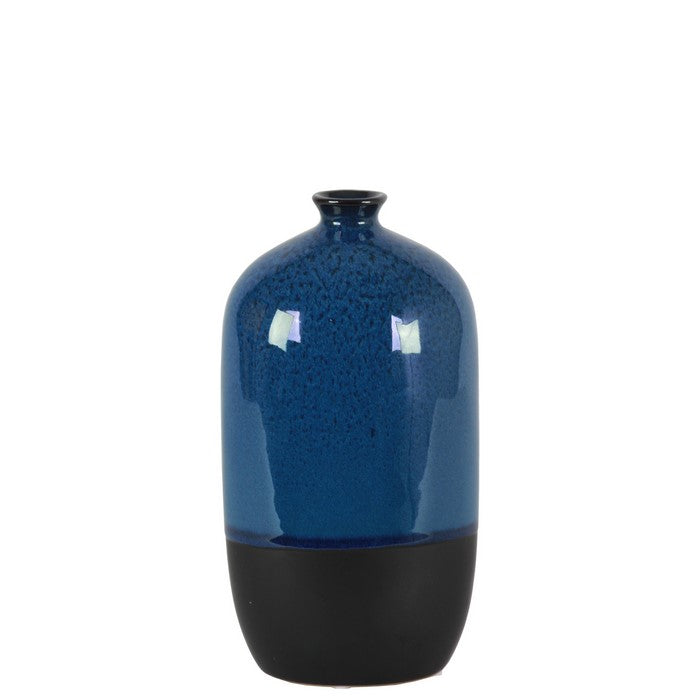 Stoneware Bottle Vase With Black Banded Rim Bottom, Small, Glossy Blue
