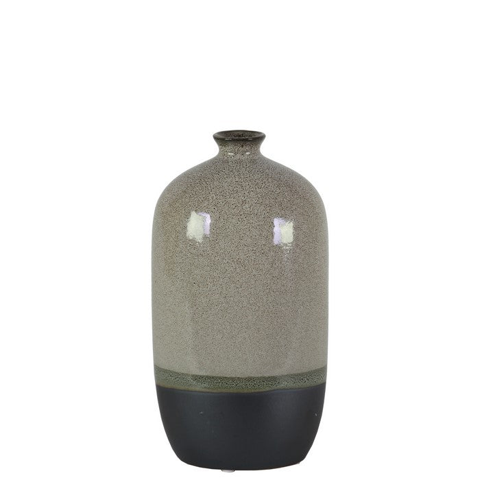 Stoneware Bottle Vase With Black Banded Rim Bottom, Small, Glossy Gray