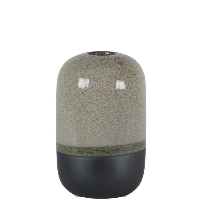 Cylindrical Stoneware Vase With Black Banded Rim Bottom, Small, Glossy Gray