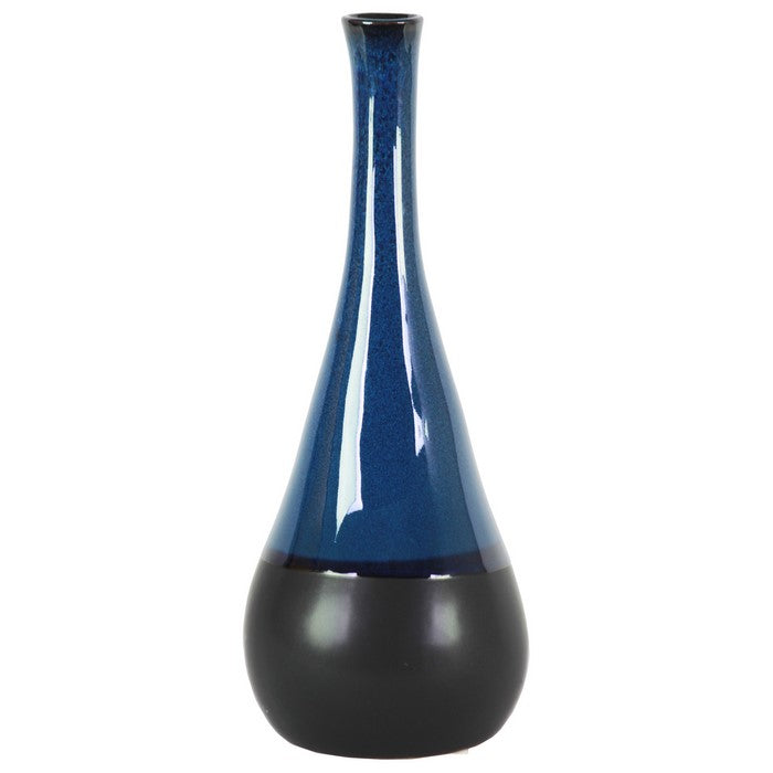 Bellied Stoneware Vase With Black Banded Rim, Large, Glossy Blue