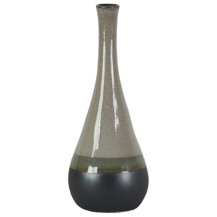 Bellied Stoneware Vase With Black Banded Rim, Large, Glossy Gray