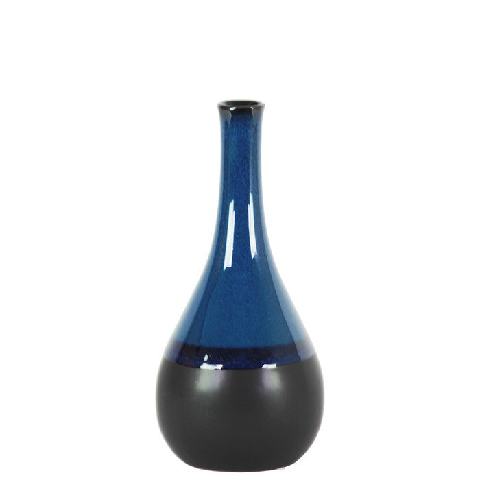 Bellied Stoneware Vase With Black Banded Rim, Small, Glossy Blue